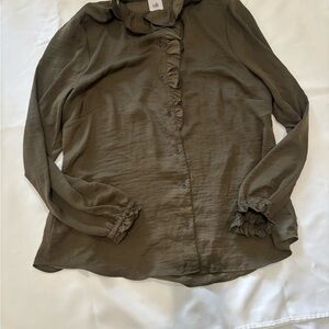 CAbi Olive Button-Up Blouse with Ruffles